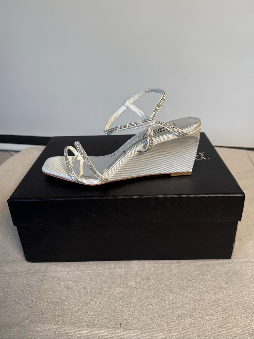 Badgley Mischka Silver Crystal-Strap Wedge Sandals